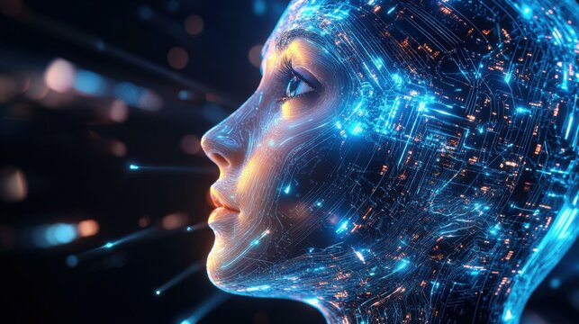 Young woman with digital circuit pattern on face in abstract setting