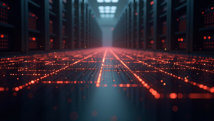 Futuristic data center, glowing red lines on ground, digital technology theme, perfect for sci-fi content and tech discussions.
