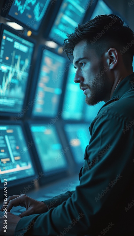 Poster caucasian man monitoring data on multiple screens in office at night