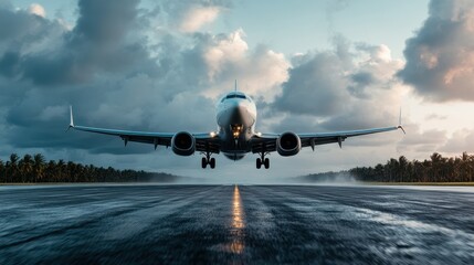 Naklejka premium A commercial airliner appears majestic as it takes off from a rain-slicked runway at dawn, capturing the intersection of human innovation and nature's beauty.