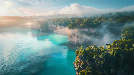 Morning mist envelops a tranquil lake in the mountains, a natural landscape where a powerful cascade falls