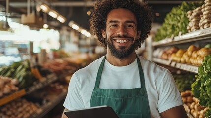 A friendly grocer poses with a tablet in a vibrant market filled with fresh produce. His smile radiates warmth and encourages healthy living and community support.