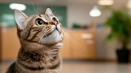 Naklejka premium A close-up of a curious cat gazing upwards, showcasing its whiskers and expressive eyes, perfectly capturing the essence of pet companionship and warmth in a home.