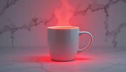 Fototapeta premium A steaming cup of coffee or tea with a red glow beneath it, creating a cozy atmosphere, 4K and HD image