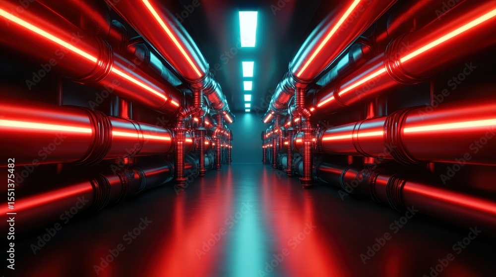 Poster a striking image of a futuristic corridor illuminated by red neon lights, showcasing metallic pipes 