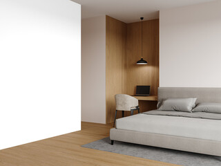 Minimalist Scandinavian Bedroom with Bed and Workspace – Transparent Wall Mockup with Realistic Shadows – 3D render