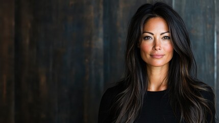 Fototapeta premium A captivating woman with long dark hair presents a confident expression, embodying strength and beauty against a rustic wooden backdrop in this stunning portrait.