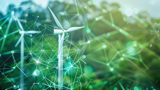 Digital graphic work on green energy power production. Renewable energy design. Windmill and graphic diagram of air currents that produce green energy. Green energy power production it is future