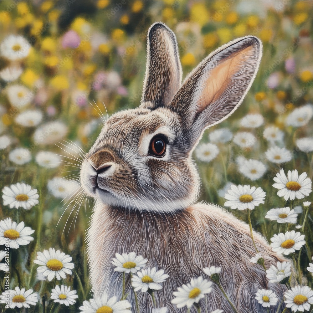 Poster rabbit looking to the side in a field of flowers during daytime