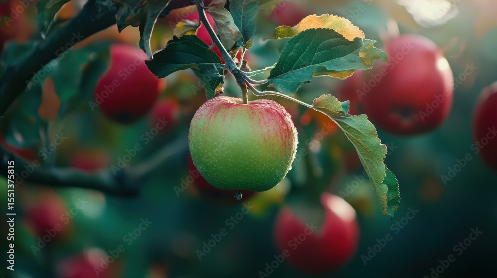Poster Red apple hanging from branch in serene orchard setting