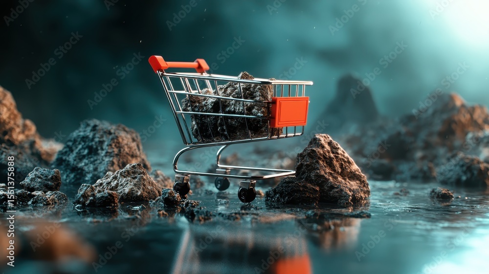 Poster an artistic representation of a shopping cart filled with rocks, symbolizing the intersection of con