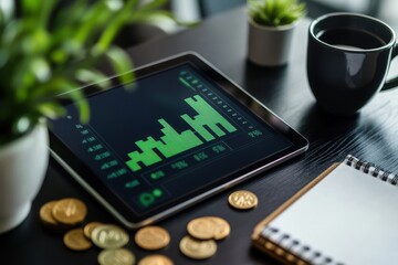 Modern Business Workspace with Tablet, Coffee, Coins, and Plants