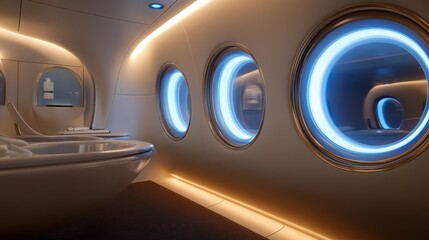 Futuristic Interior of a Luxury Space Capsule with Circular Windows