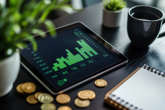 Modern Business Workspace with Tablet, Coffee, Coins, and Plants