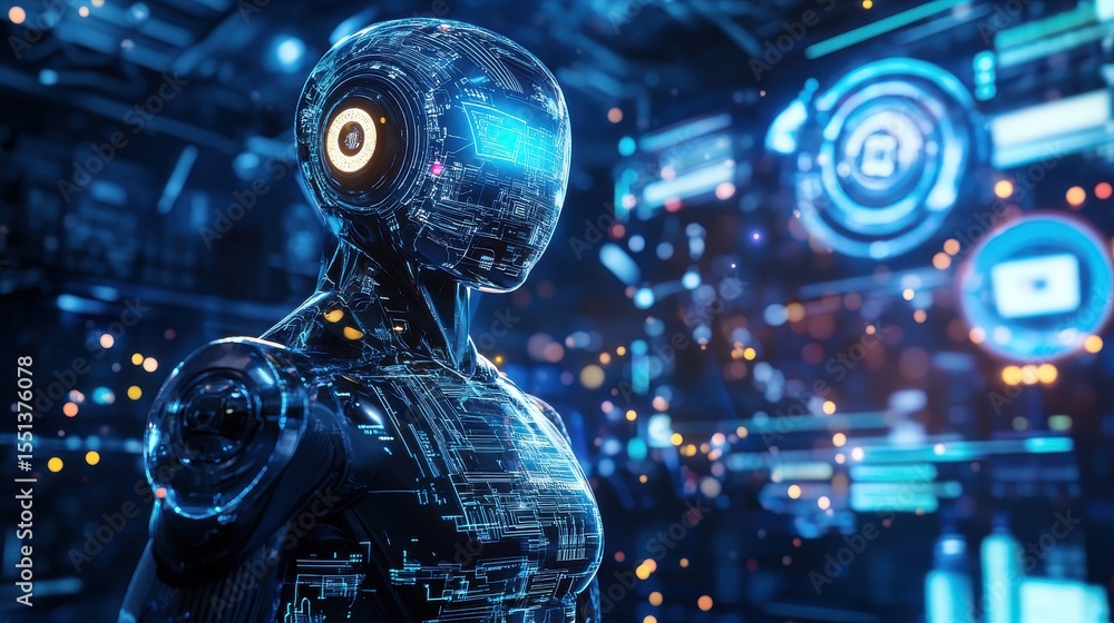 Aufkleber Robot processing data in a futuristic technological environment at night