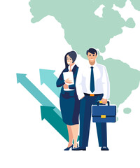 Vector illustration. Business. Businessman with briefcase and worker woman with magazine business people. Analytical chart, statistical data, financial discussion. Information, business brochures