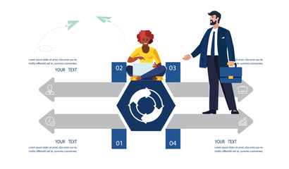 Business people. Businessman with briefcase discussing financial issue with African American woman working on laptop. Statistics, information, icon, infographic, banking, analytics.Vector illustration