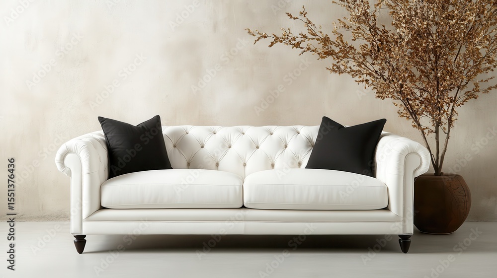Poster a pristine white sofa with a tufted design sits elegantly in a minimalistic room, enhancing the aest