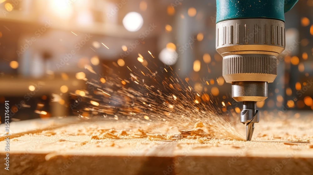 Poster an action shot of a drill bit cutting through wood with sparks flying, capturing energy and purpose 