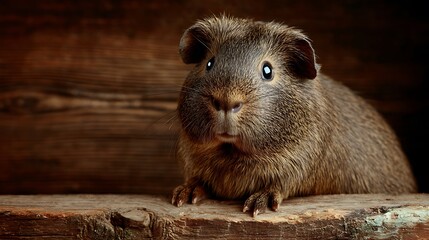 Fototapeta premium Adorable Guinea Pig Posing with Brown Fur, Wood Background, and Pet Portrait.