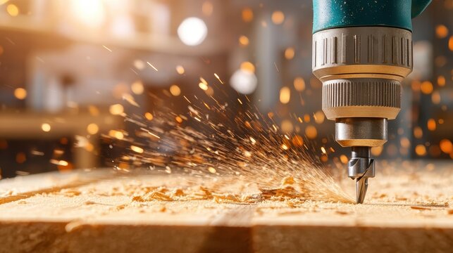 An action shot of a drill bit cutting through wood with sparks flying, capturing energy and purpose in a workshop environment, ideal for DIY and tool themes.
