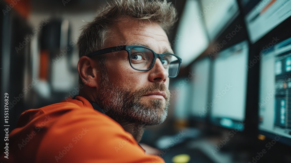 Poster a man with glasses and a beard intently gazes at multiple computer screens, embodying concentration 