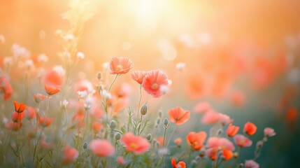 Fototapeta premium Vibrant field of blooming poppies under sunny summer sky