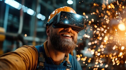 This dynamic image features a smiling worker wearing a VR headset, fully engaged in a virtual reality environment, with sparks flying in the background, highlighting technological advancement and cre
