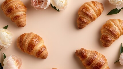 This visually appealing image showcases rich, buttery croissants elegantly arranged alongside beautiful fresh flowers, creating a delightful and inviting ambiance perfect for breakfast or brunch sett