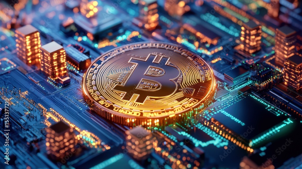 Poster bitcoin glowing on circuit board in digital environment at night