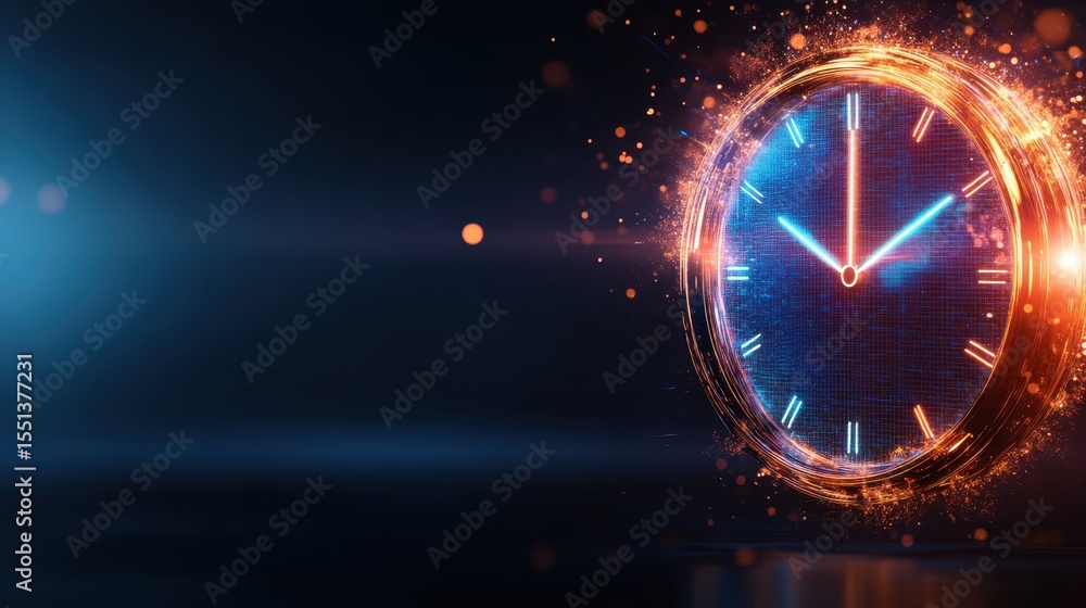 Poster a vibrant, abstract representation of a clock with luminous colors and dynamic lines, embodying the 