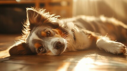 Australian Shepherd dog lying peacefully indoors on wooden floor