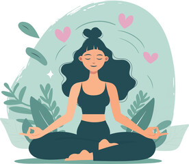 Young Woman Meditating Outdoors – Mindfulness Yoga Illustration, Vector Illustration