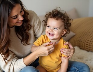 Happy mother and baby son smiling together at home