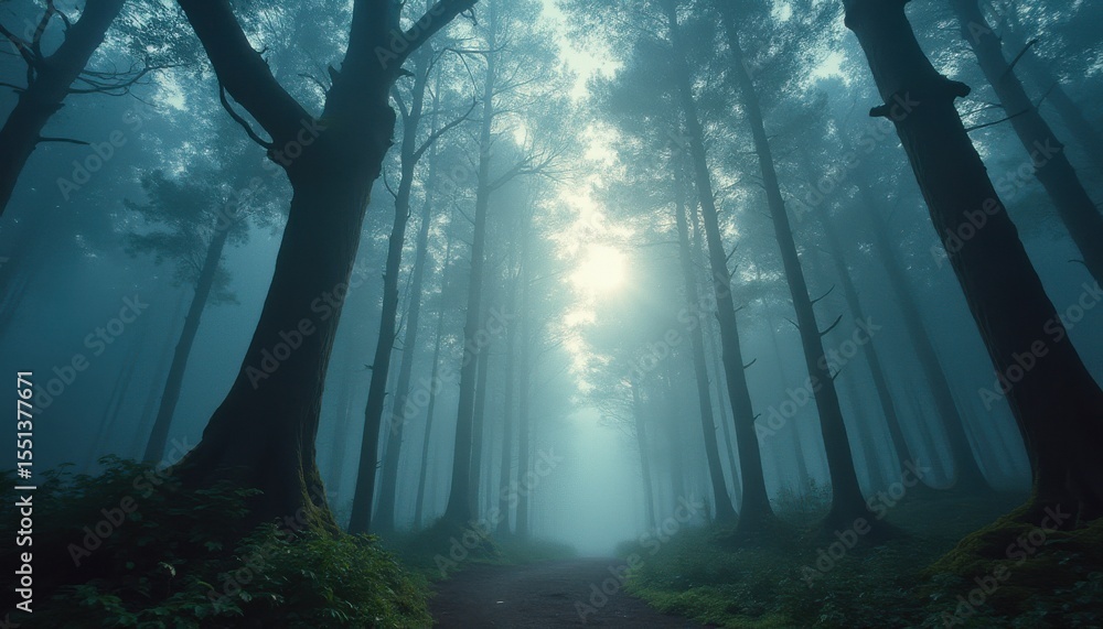 Poster misty forest path surrounded by tall trees in serene atmosphere