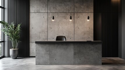 Modern minimalist reception area with concrete wall, dark furniture, and a potted plant