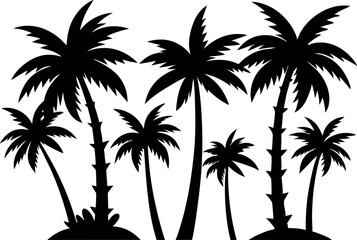 A set of isolated black vector silhouettes of various palm tree designs on a white background