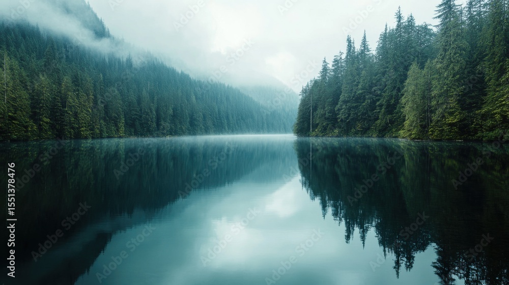 Poster tranquil forest lake with trees reflecting in calm water