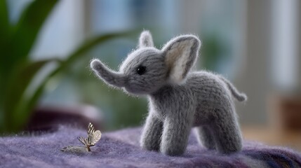 Obraz premium Adorable Knitted Elephant Toy with a Butterfly with Cozy Home Scene Soft Colors.