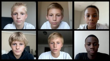 Group of boys engaging in a virtual meetup while smiling and sharing their thoughts in a cozy indoor setting