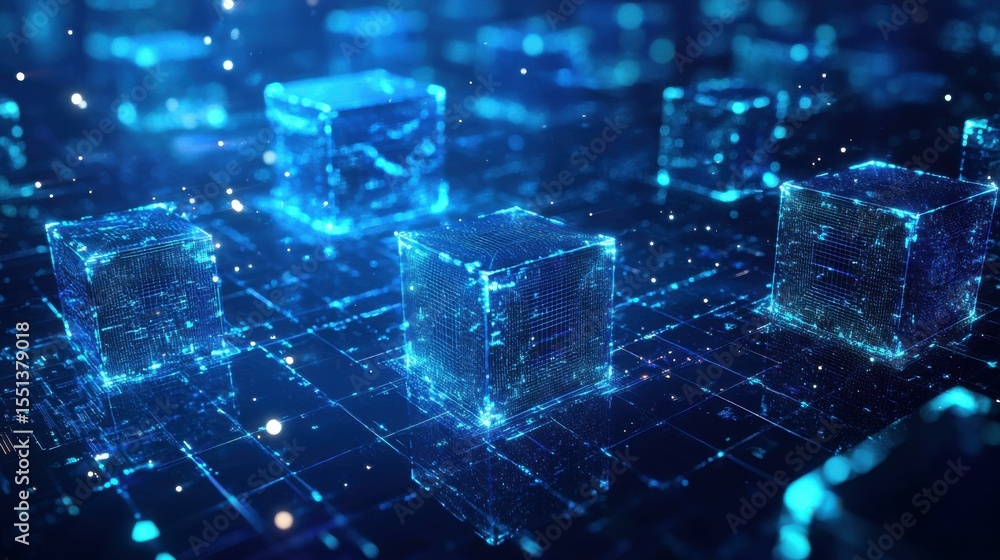 Poster multiple glowing digital cubes in abstract night environment