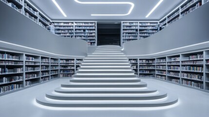 Modern library with bookshelves and architectural stairs at night