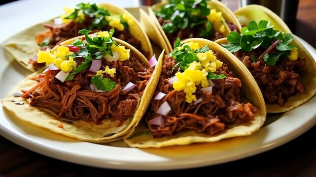 Delicious barbacoa tacos filling corn tortillas with cilantro and onion