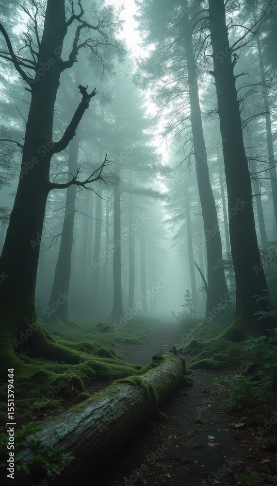 Aufkleber misty forest with tall trees and fallen log covered in moss