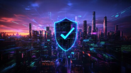 Digital shield with glowing checkmark over cityscape at night