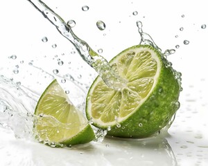 Fresh lime halves and wedges being splashed with clear water and droplets on a white background,png