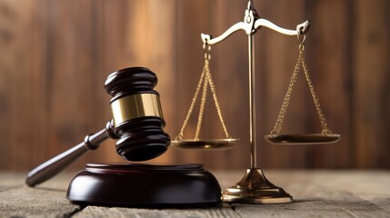 Gavel and scales of justice on wooden surface in law office