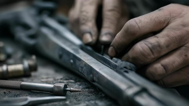 Man repairs an old weapon rifle with skilled hands in a rustic workshop setting