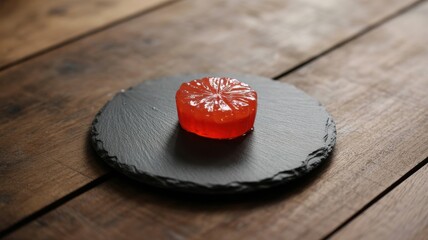 Orange jelly candy on slate plate on wooden table
