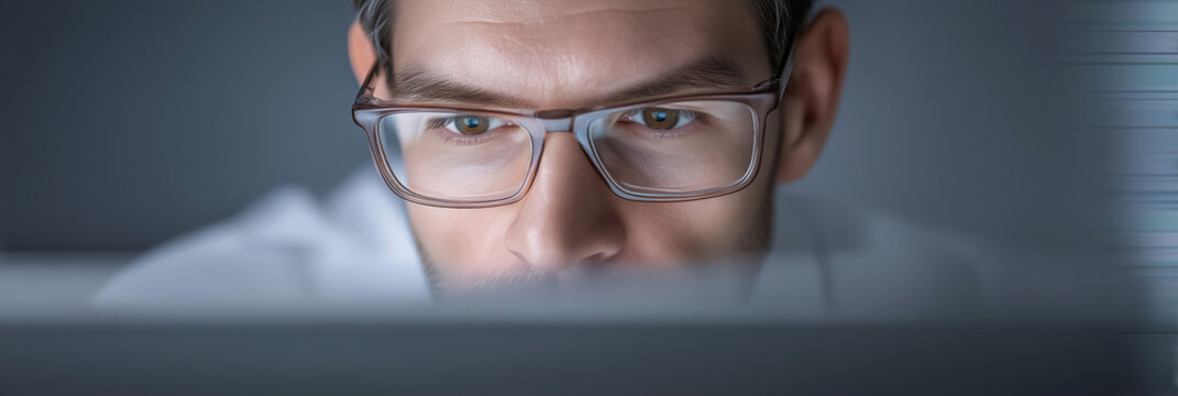 Close Up Man Eyes Glasses Screen Working Focused Intense Professional Business Technology Concentration Late Night Blue Light Data